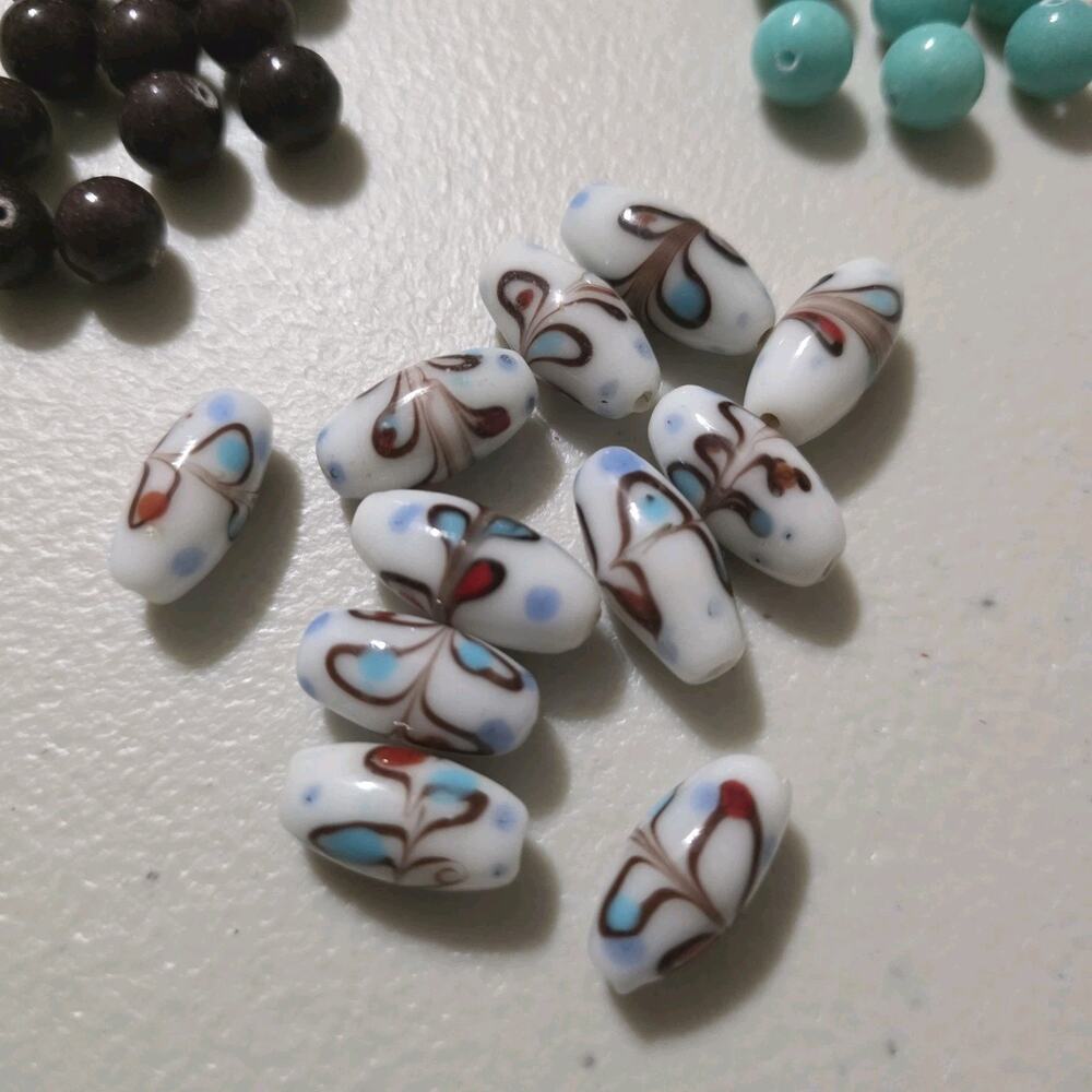 Vintage Venetian Murano Style Glass Beads Turqoise Blue Brown Abstract Artsy